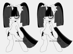 Size: 834x624 | Tagged: safe, artist:cutiesparke, twilight sparkle, unicorn, semi-anthro, g4, alternate hairstyle, arm fluff, arm hooves, bipedal, black and white, cheek fluff, chest fluff, choker, chokertwi, eyeshadow, female, grayscale, hoof on hip, long bangs, looking sideways, makeup, monochrome, pigtails, pubic fluff, solo, twintails, unicorn twilight