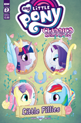 Size: 2063x3131 | Tagged: safe, artist:agnesgarbowska, idw, official comic, fluttershy, rainbow dash, rarity, twilight sparkle, butterfly, pegasus, pony, unicorn, g4, my little pony classics reimagined: little fillies, official, comic cover, cover, cover art, feather, flower, high res, horseshoes, little women, looking at each other, looking at someone, measuring tape, my little pony logo, ribbon