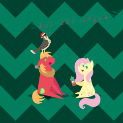 Size: 2160x2160 | Tagged: safe, anonymous artist, big macintosh, fluttershy, bird, earth pony, hawk, pegasus, pony, series:fm holidays, series:hearth's warming advent calendar 2022, g4, abstract background, advent calendar, bottle, christmas, context is for the weak, drink, female, hat, high res, holiday, hoof hold, lineless, looking up, male, mare, music notes, open mouth, open smile, pointy ponies, santa hat, ship:fluttermac, shipping, singing, sitting, smiling, soda, stallion, straight