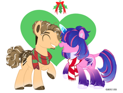Size: 4264x3225 | Tagged: safe, artist:ghou1ss, oc, oc only, oc:estella sparkle, oc:rocky road, alicorn, earth pony, pony, alicorn oc, beard, christmas, clothes, commission, duo, facial hair, female, grin, heart, holiday, holly, holly mistaken for mistletoe, horn, leonine tail, male, mare, markings, multicolored hair, oc x oc, offspring, open mouth, parent:cheese sandwich, parent:flash sentry, parent:pinkie pie, parent:twilight sparkle, parents:cheesepie, parents:flashlight, raised hoof, scarf, shipping, simple background, smiling, stallion, straight, striped scarf, tail, unshorn fetlocks, white background, wings, ych result