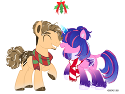 Size: 4264x3225 | Tagged: safe, alternate version, artist:ghou1ss, oc, oc only, oc:estella sparkle, oc:rocky road, alicorn, earth pony, pony, alicorn oc, beard, christmas, clothes, commission, duo, facial hair, female, grin, holiday, holly, holly mistaken for mistletoe, horn, leonine tail, male, mare, markings, multicolored hair, oc x oc, offspring, open mouth, parent:cheese sandwich, parent:flash sentry, parent:pinkie pie, parent:twilight sparkle, parents:cheesepie, parents:flashlight, raised hoof, scarf, shipping, simple background, smiling, stallion, straight, striped scarf, tail, unshorn fetlocks, white background, wings, ych result