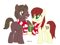 Size: 3740x2815 | Tagged: safe, artist:ghou1ss, earth pony, pony, blushing, christmas, clothes, commission, duo, female, freckles, grin, heart, high res, holiday, looking at each other, looking at someone, male, mare, marvel, mary jane watson, peter parker, ponified, present, raised hoof, scarf, simple background, smiling, spider-man, stallion, straight, striped scarf, unshorn fetlocks, white background, ych result