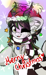 Size: 2060x3355 | Tagged: safe, artist:woonborg, oc, oc only, oc:sound error, christmas, clothes, ear fluff, female, hat, high res, holiday, piercing, santa hat, scarf, solo, striped scarf