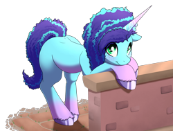 Size: 2210x1667 | Tagged: safe, artist:navanastra, misty brightdawn, pony, unicorn, g5, my little pony: a new generation, bipedal, bipedal leaning, brick wall, coat markings, curly hair, cute, female, hooves, horn, leaning, looking at you, mare, mistybetes, simple background, smiling, socks (coat markings), solo, tail, transparent background, two toned mane, two toned tail, unshorn fetlocks