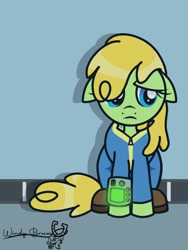 Size: 768x1024 | Tagged: safe, artist:windy breeze, oc, oc only, oc:iffy quizzy, earth pony, pony, fallout equestria, blue eyes, clothes, female, floppy ears, green coat, jumpsuit, looking away, mare, pipbuck, sad, signature, sitting, solo, stable (vault), tail, vault suit, wall, yellow mane, yellow tail