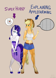 Size: 2940x4038 | Tagged: safe, artist:fluffyorbiter, applejack, rarity, earth pony, pony, unicorn, anthro, unguligrade anthro, g4, abs, apple, applebucking thighs, applejack's hat, bedroom eyes, belly, belly button, belt, blushing, bra, bra strap, breasts, buckle, busty applejack, busty rarity, cleavage, clothes, cowboy hat, dress, duo, female, hat, hooves, horn, horny, imagine spot, lesbian, meme, muscles, pale belly, shiny hooves, ship:rarijack, shipping, shirt, shorts, silly, silly pony, simple background, speech bubble, tail, that pony sure does love apples, thighs, thunder thighs, undershirt, underwear, who's a silly pony