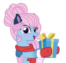 Size: 6000x5745 | Tagged: safe, artist:n0kkun, oc, oc only, oc:angel lights, angel, angel pony, original species, pegasus, pony, absurd resolution, blushing, christmas, clothes, commission, cute, female, gloves, holiday, mare, markings, open mouth, present, scarf, simple background, solo, transparent background, ych result