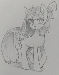 Size: 1080x1370 | Tagged: safe, artist:namaenonaipony, oc, oc only, oc:aqua twinkie, pony, unicorn, female, horn, mare, monochrome, open mouth, solo, traditional art