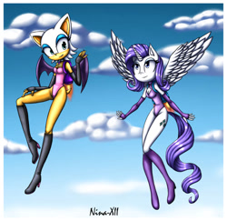 Size: 906x882 | Tagged: safe, artist:nina-xii, rarity, alicorn, bat, mobian, anthro, g4, alicornified, breasts, clothes, cloud, duo, duo female, female, flying, jetpack, leotard, race swap, raricorn, rouge the bat, sky, sky background, sonic the hedgehog (series), sonicified