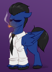 Size: 2280x3136 | Tagged: safe, artist:witchtaunter, oc, pegasus, pony, angry, cigarette, clothes, ear fluff, floppy ears, male, necktie, pegasus oc, sad, simple background, solo, stallion, stoic, unshorn fetlocks