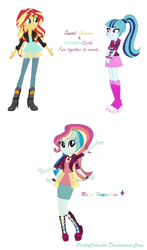 Size: 790x1344 | Tagged: safe, artist:prettycelestia, sonata dusk, sunset shimmer, oc, oc:raza hopeshine, human, equestria girls, g4, boots, clothes, four arms, fusion, fusion:sonata dusk, fusion:sunata, fusion:sunset shimmer, gem, high heel boots, jacket, jewelry, multiple arms, ponytail, purple eyes, ring, shoes, simple background, siren gem, white background