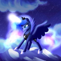 Size: 1200x1200 | Tagged: safe, artist:andromedasparkz, princess luna, alicorn, pony, g4, female, glowing, glowing horn, horn, solo