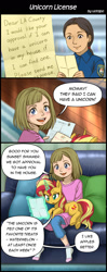 Size: 800x2020 | Tagged: safe, artist:uotapo, sunset shimmer, human, pony, unicorn, g4, based on a true story, brush, brushing mane, butt, child, clothes, comic, couch, cute, denim, female, glowing, glowing horn, hairbrush, heartwarming, horn, id card, jeans, letter, levitation, license, link in description, los angeles, lying down, magic, magic aura, mare, open mouth, open smile, pants, paper, pillow, plot, pony pet, ponytail, prone, shimmerbetes, sitting on lap, smiling, socks, sweater, telekinesis, unicorn license, uotapo is trying to murder us, wholesome