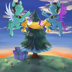 Size: 4096x4096 | Tagged: safe, artist:felldeal, hitch trailblazer, pipp petals, thunder flap, zipp storm, zoom zephyrwing, pegasus, pony, series:daily drawing december, g5, banner, christmas, female, flying, guardsmare, holiday, male, mare, pegasus royal guard, present, royal guard, royal sisters (g5), siblings, sisters, stallion, tree