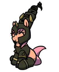 Size: 510x623 | Tagged: safe, artist:neuro, oc, oc only, oc:helmet mare, earth pony, pony, ^^, armor, boots, clothes, cute, eyes closed, female, helmet, mare, ocbetes, runescape, shoes, simple background, sitting, smiling, solo, towering pillar of hats, transparent background