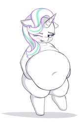 Size: 627x964 | Tagged: safe, artist:andesblorps, starlight glimmer, pony, unicorn, ;p, belly, belly button, big belly, bipedal, blushing, doodle, fat, female, floppy ears, huge belly, mare, obese, one eye closed, partial color, simple background, solo, starlard glimmer, tongue out, white background, wink
