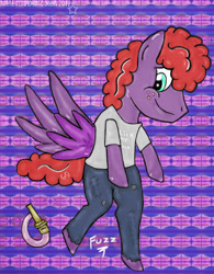 Size: 680x871 | Tagged: safe, artist:ray-pemmburge, oc, oc only, oc:fuzz, pegasus, semi-anthro, arm hooves, clothes, firefighter, freckles, looking down, pants, shirt, smiling, spread wings, wings