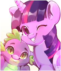 Size: 1063x1250 | Tagged: safe, artist:myoniis, spike, twilight sparkle, dragon, pony, unicorn, g4, baby, baby spike, cute, duo, female, filly, filly twilight sparkle, male, no more ponies at source, one eye closed, simple background, smiling, spikabetes, twiabetes, unicorn twilight, younger