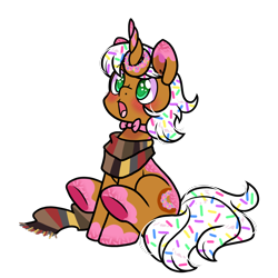 Size: 1300x1300 | Tagged: safe, artist:paperbagpony, oc, oc only, oc:donut daydream, pony, 2023 community collab, derpibooru community collaboration, blushing, clothes, donut, food, horn, horn impalement, jewelry, necklace, rule 63, scarf, simple background, solo, sprinkles, striped scarf, surprised, transparent background