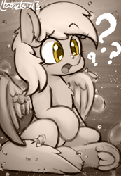 Size: 1028x1488 | Tagged: safe, artist:llametsul, derpy hooves, pegasus, pony, g4, bubble, concerned, confused, female, frog (hoof), hoofbutt, mare, monochrome, open mouth, question mark, signature, solo, underhoof