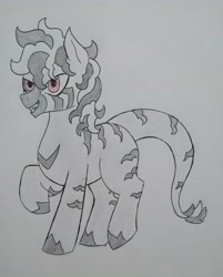 Size: 3072x3815 | Tagged: safe, artist:public mistake, oc, oc only, oc:candela, hybrid, female, grayscale, grin, high res, mare, monochrome, partial color, sharp teeth, smiling, solo, stripes, teeth, traditional art