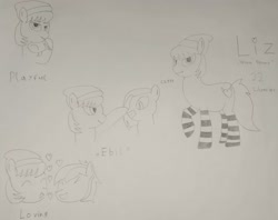 Size: 3255x2580 | Tagged: safe, artist:cardshark777, oc, oc only, oc:dark derp, oc:dark spark, oc:liz (cardshark777), earth pony, pegasus, pony, bondage, boop, chibi, clothes, earth pony oc, ebil, evil grin, feather, female, gag, grin, heart, high res, imminent tickles, looking at you, monochrome, mouth hold, pegasus oc, pencil drawing, reference sheet, signature, simple background, smiling, socks, striped socks, tape, tape gag, traditional art