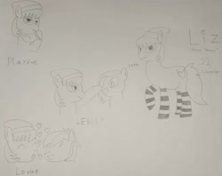 Size: 3255x2580 | Tagged: safe, artist:cardshark777, oc, oc only, oc:dark derp, oc:dark spark, oc:liz (cardshark777), earth pony, pegasus, pony, bondage, boop, chibi, clothes, earth pony oc, ebil, evil smile, feather, female, gag, grin, heart, high res, imminent tickles, looking at you, monochrome, mouth hold, pegasus oc, pencil drawing, reference sheet, signature, simple background, smiling, socks, striped socks, tape, tape gag, traditional art