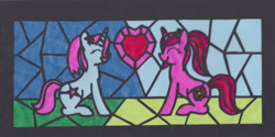 Size: 1600x803 | Tagged: safe, artist:malte279, oc, oc:sandy rose, oc:stardust, pony, unicorn, craft, heart, lantern, stained glass, transparent paper