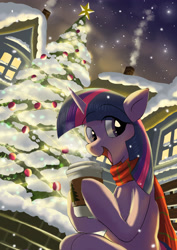 Size: 2480x3508 | Tagged: safe, artist:neoshrek, twilight sparkle, pony, unicorn, christmas, christmas tree, clothes, coffee cup, cup, female, holiday, hoof hold, low angle, mare, open mouth, open smile, scarf, smiling, snow, snowfall, solo, tree