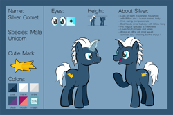 Size: 1920x1275 | Tagged: safe, artist:alexdti, oc, oc only, oc:silver comet, pony, unicorn, full body, glowing, glowing horn, hooves, horn, magic, male, open mouth, open smile, raised hoof, reference sheet, smiling, solo, stallion, standing, tongue out, unicorn oc