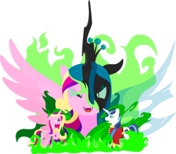 Size: 1920x1685 | Tagged: safe, artist:alexdti, princess cadance, queen chrysalis, shining armor, alicorn, changeling, changeling queen, pony, unicorn, a canterlot wedding, g4, fake cadance, fire, green fire, simple background, transparent background