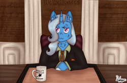Size: 2041x1336 | Tagged: safe, artist:fluffytailponies, derpibooru exclusive, trixie, unicorn, semi-anthro, g4, :3, arm hooves, better call saul, cheek fluff, clothes, commission, crossover, ear fluff, female, looking at you, mare, mug, neck fluff, saul goodman, solo, suit