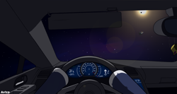 Size: 2732x1456 | Tagged: safe, artist:av1ra, derpy hooves, oc, pegasus, pony, g4, astronaut, car, car interior, driving, first person view, offscreen character, pov, space, steering wheel