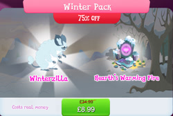 Size: 1267x851 | Tagged: safe, gameloft, winterchilla, winterzilla, g4, my little pony: magic princess, bundle, costs real money, english, fire, fire of friendship, four arms, hearth's warming, mobile game, numbers, sale, sharp teeth, snow, solo, teeth, text, whiskers