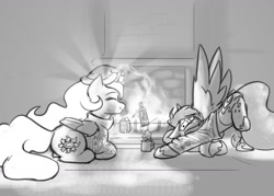 Size: 1280x914 | Tagged: safe, artist:captainhoers, princess celestia, princess luna, alicorn, pony, biting, chocolate, christmas, christmas sweater, clothes, duo, eyes closed, fire, fireplace, food, grayscale, hat, holiday, hot chocolate, itchy, lying down, monochrome, mug, ponyloaf, prone, royal sisters, santa hat, siblings, sisters, sweater, whipped cream