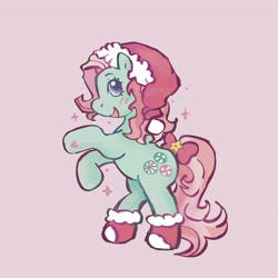 Size: 2700x2700 | Tagged: safe, artist:kindofmax, minty, earth pony, pony, a very minty christmas, g3, abstract background, bow, christmas, female, hat, high res, holiday, open mouth, open smile, rearing, santa hat, simple background, smiling, solo, sparkles, tail, tail bow