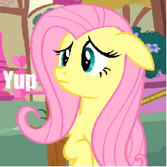 Size: 240x240 | Tagged: safe, edit, edited screencap, screencap, fluttershy, pegasus, pony, g4, magical mystery cure, animated, bipedal, cropped, engrish, female, floppy ears, mare, swapped cutie marks, text