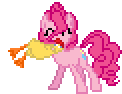 Size: 122x94 | Tagged: safe, artist:deathpwny, pinkie pie, earth pony, pony, g4, animated, cute, desktop ponies, diapinkes, gif, happy, pixel art, rubber chicken, simple background, solo, sprite, transparent background