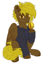 Size: 1784x2600 | Tagged: safe, artist:medkit, oc, oc only, oc:bricomaniaco, pegasus, pony, 2023 community collab, derpibooru community collaboration, adam's apple, big eyes, clothes, coin, ear fluff, eyes open, fluffy, hoodie, horseshoes, looking at you, male, mario, paint tool sai 2, partially open wings, raised hoof, short mane, simple background, sitting, sketch, smiling, solo, stallion, sternocleidomastoid, super mario bros., transparent background, wings