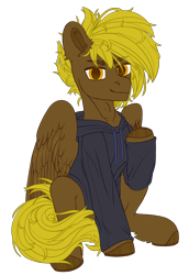 Size: 1784x2600 | Tagged: safe, artist:medkit, oc, oc only, oc:bricomaniaco, pegasus, pony, adam's apple, big eyes, clothes, ear fluff, eyes open, fluffy, hoodie, horseshoes, looking at you, male, paint tool sai 2, partially open wings, raised hoof, short mane, simple background, sitting, sketch, smiling, solo, stallion, sternocleidomastoid, transparent background, wings