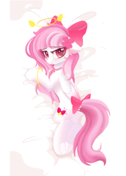 Size: 2500x3500 | Tagged: safe, artist:my little pony, derpibooru exclusive, oc, oc only, oc:bubble cloud, angel, pegasus, pony, bed, bow, female, hair bow, high res, looking at you, mare, pegasus oc, tail, tail bow, underhoof