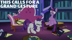 Size: 1920x1080 | Tagged: safe, edit, edited screencap, editor:quoterific, screencap, rarity, twilight sparkle, alicorn, pony, dragon dropped, g4, book, bookshelf, couch, library, messy hair, messy mane, messy tail, sitting, tail, twilight sparkle (alicorn), twilight's castle, twilight's castle library