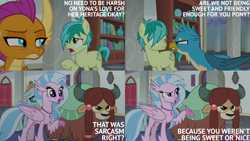 Size: 4400x2475 | Tagged: safe, edit, edited screencap, editor:quoterific, screencap, gallus, ocellus, sandbar, silverstream, smolder, yona, classical hippogriff, hippogriff, yak, g4, school daze, school of friendship, student six