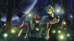 Size: 1920x1080 | Tagged: safe, artist:triplesevens, oc, oc:triple sevens, oc:ysfena, firefly (insect), goat, insect, pony, biting, duo, floating island, night, planet