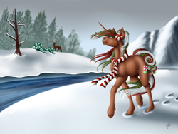 Size: 1440x1080 | Tagged: safe, artist:crazyaniknowit, oc, pony, unicorn, clothes, female, forest, mare, river, scarf, scenery, snow, solo, striped scarf, tree, water