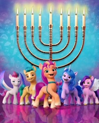 Size: 720x888 | Tagged: safe, hitch trailblazer, izzy moonbow, pipp petals, sunny starscout, zipp storm, earth pony, pegasus, pony, unicorn, g5, my little pony: a new generation, official, adorapipp, cute, female, hanukkah, judaism, male, mane five, mare, menorah, royal sisters (g5), siblings, sisters, stallion