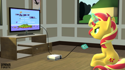 Size: 3413x1920 | Tagged: safe, artist:gradiusfanatic, sunset shimmer, pony, unicorn, g4, 3d, controller, female, magic, nintendo entertainment system, solo, source filmmaker, telekinesis, video game