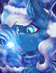Size: 3000x3900 | Tagged: safe, artist:shad0w-galaxy, oc, oc only, oc:vivid tone, pegasus, pony, blushing, bust, chest fluff, christmas, clothes, commission, cute, ear fluff, feather, feathered wings, female, gloves, hat, high res, holiday, mare, open mouth, portrait, santa hat, snow, snowfall, snowflake, solo, wings