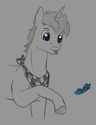 Size: 1150x1500 | Tagged: safe, artist:stray prey, oc, oc only, oc:lucent, butterfly, pony, unicorn, drug use, drugs, lsd, neckerchief, solo, sternocleidomastoid