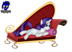 Size: 4154x3000 | Tagged: safe, artist:damlanil, rarity, pony, unicorn, bedroom eyes, couch, cute, eyeshadow, fainting couch, female, grin, horn, looking at you, lying down, makeup, mare, pillow, raribetes, show accurate, simple background, smiling, solo, transparent background, underhoof, vector